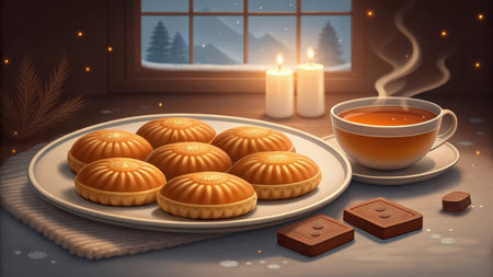 Warm and cozy scene with mooncakes, tea, and candles by the window at nightの素材