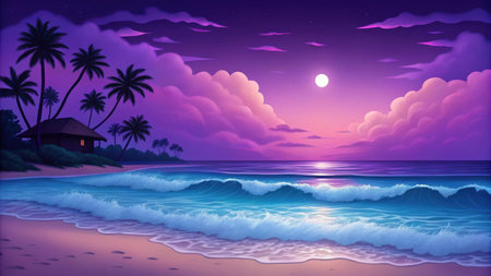 Tropical beach at night with palm trees, ocean waves, and a full moonの素材