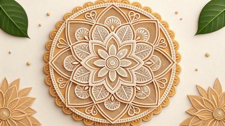 Intricate cookie art with floral design on a white surface with leavesの素材