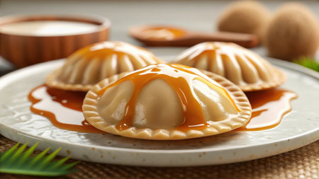 Delicious empanadas drizzled with caramel sauce on a plate for a tasty treatの素材