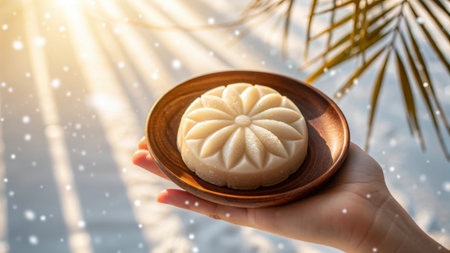 Hand holding a mooncake with sun rays and snow, isolated on white backgroundの素材