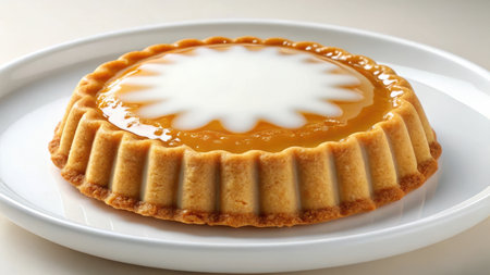 Delicious pumpkin pie with white icing on a white plate, isolated on white backgroundの素材
