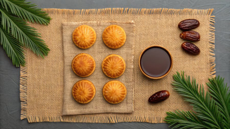 Traditional maamoul cookies, dates, and coffee on a burlap mat, top viewの素材