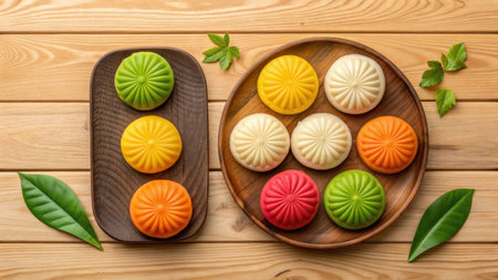 Colorful snow skin mooncakes on wooden background for the mid autumn festivalの素材