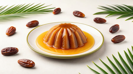 Delicious caramel pudding dessert with dates and palm leaves on white backgroundの素材