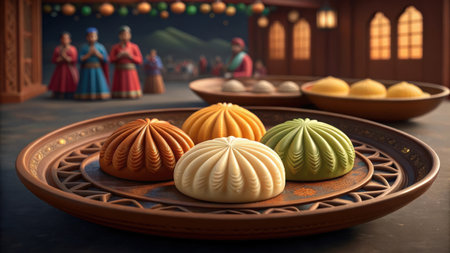 Delicious modak sweets on plate, traditional indian dessert for celebrationの素材