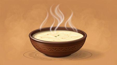 Creamy kheer dessert in a bowl with steam rising from itの素材
