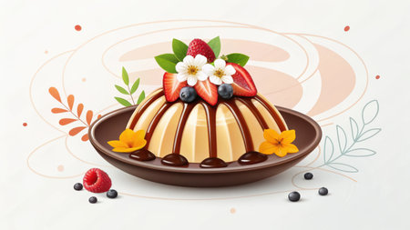 Delicious pudding dessert with chocolate sauce and fresh berries on a plateの素材