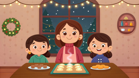 Mother and daughters bake cookies for christmas in cozy home illustrationの素材