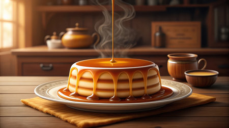 Delicious flan dessert with caramel sauce being poured on top of itの素材