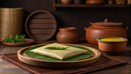 Traditional indonesian food lemper on a wooden plate with green chili pepperの素材