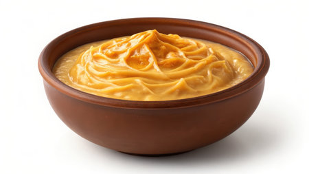 Delicious halwa served in a traditional bowl, isolated on white backgroundの素材