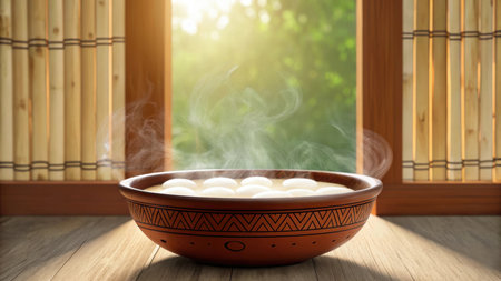Delicious rasgulla served in a traditional bowl on a wooden tableの素材