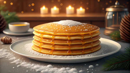 Stack of pancakes with honey and sugar powder isolated on white backgroundの素材