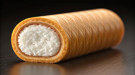 Close up of a delicious wafer roll with white cream filling dessertの素材