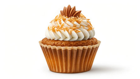 Delicious carrot cupcake with cream cheese frosting isolated on white backgroundの素材