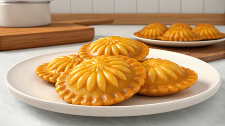 Delicious mooncake pastries on a white plate, ready to be served to guestsの素材