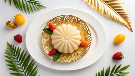 Delicious vanilla pudding with fresh strawberries isolated on white backgroundの素材