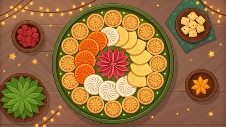 Festive fruit platter with oranges, pineapple, and other fruits on a tableの素材