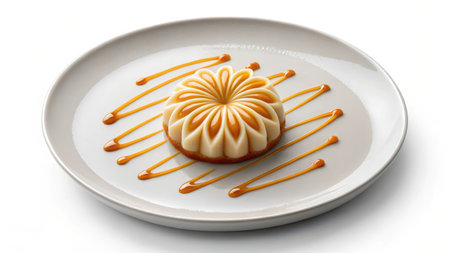 Isolated on white background, caramel flan dessert on a white plateの素材