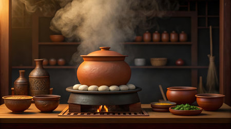 Rustic kitchen scene featuring a traditional clay pot simmering over an open fireの素材