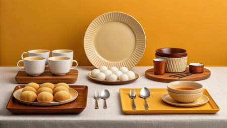 Still life of various dishes, plates, cups, and food on a tableの素材