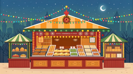 Festive christmas market stall with baked goods and decorations at nightの素材