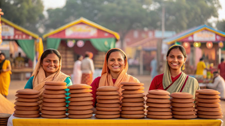 Women selling khakhra, a traditional gujarati snack, at a village fairの素材