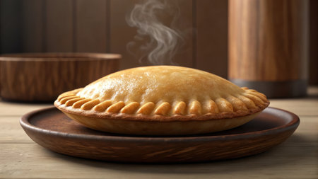A freshly baked meat pie with steam on a wooden plateの素材
