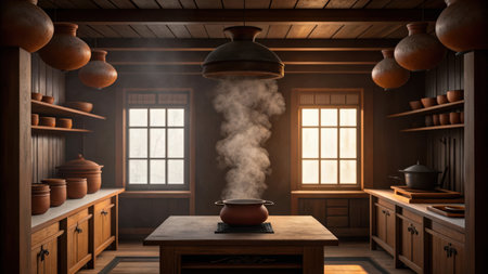 Rustic kitchen interior with cooking pot on table and steam rising upの素材
