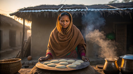 Woman cooking bread in a rural village with traditional settingの素材