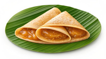 Khanom buang, thai crispy pancake with coconut cream on a banana leafの素材