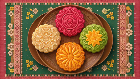 Colorful mooncakes on a wooden plate for the midautumn festival celebrationの素材