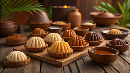 Assortment of traditional sweets and desserts on a wooden table settingの素材