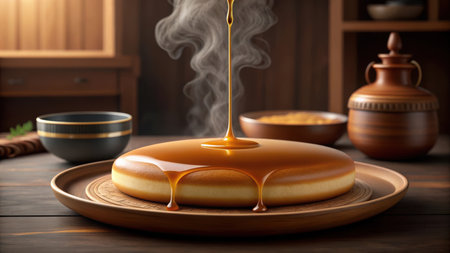 Pouring syrup on a pancake on a wooden plate in a rustic kitchenの素材