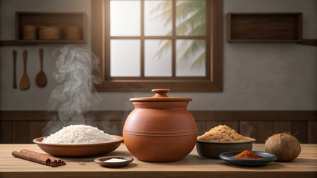 Rustic kitchen scene with traditional cooking pot and spices on wooden tableの素材