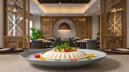 Exquisite chinese restaurant interior with a delicious dish on a tableの素材