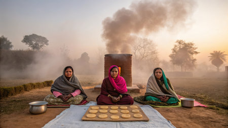 Three women preparing traditional indian sweets in a rural setting at dawnの素材