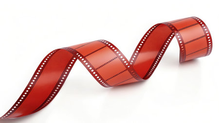 Illustration of red 35mm film strip isolated on white background with sprocket holesの素材