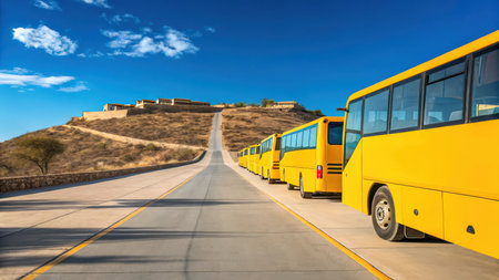 Illustration of line of yellow tour buses parked on a road leading to monte albanの素材