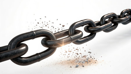 Illustration of broken metal chain isolated on white background, symbolizing strength and breakの素材