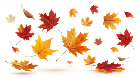 Illustration of colorful falling autumn leaves isolated on white backgroundの素材