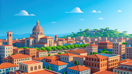 Illustration of cartoon style cityscape with buildings and a church under a blue skyの素材