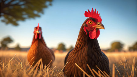 Illustration of two chickens standing in a field of grass during golden hour lightの素材