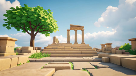 Illustration of ancient ruins with tree on a sunny day with blue sky and cloudsの素材