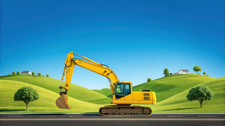 Illustration of yellow excavator on a road with green hills and blue sky in backgroundの素材