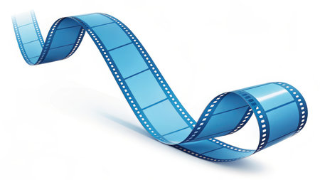 Illustration of blue 35mm film strip isolated on white background with sprocket holesの素材