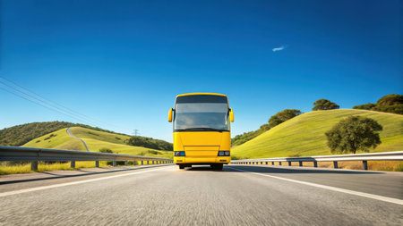 Illustration of yellow bus driving on the road with green hills and blue sky in backgroundの素材