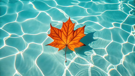Illustration of orange maple leaf floating on the surface of a clear blue swimming poolの素材