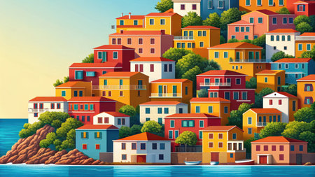 Illustration of colorful houses on a hill by the sea in a mediterranean villageの素材
